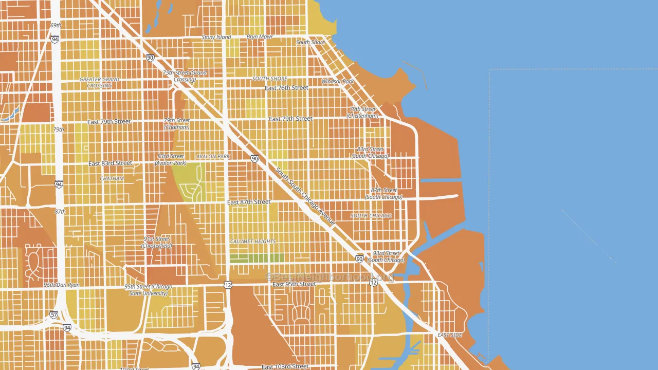 Map of the best neighborhoods in the South Chicago, Chicago area, with better matches in green and worse matches in red