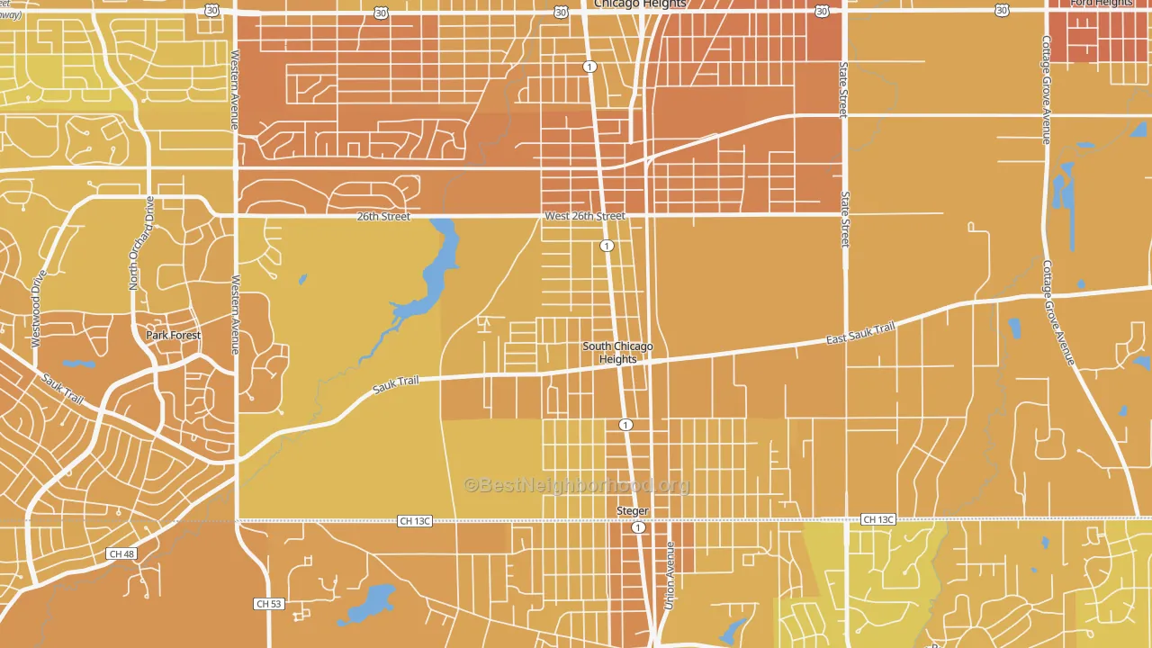 Map of the best neighborhoods in the South Chicago Heights area, with better matches in green and worse matches in red