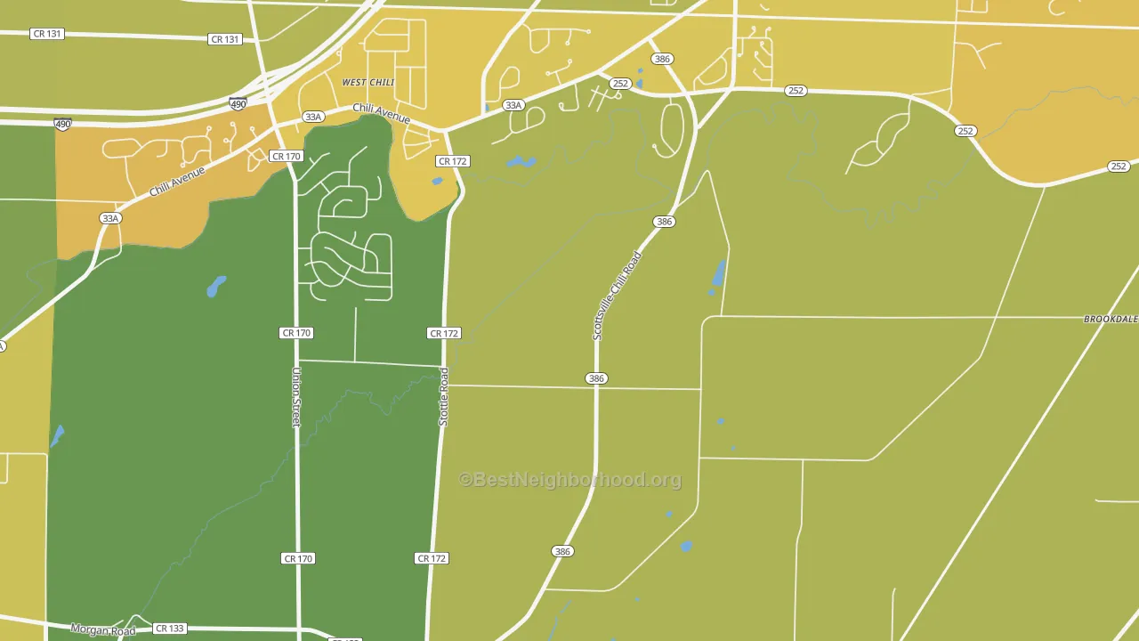 Map of the best neighborhoods in the South Chili area, with better matches in green and worse matches in red