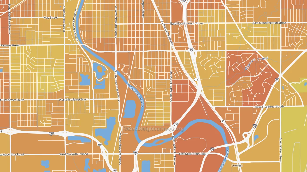 Map of the best neighborhoods in the South City Community, Wichita area, with better matches in green and worse matches in red