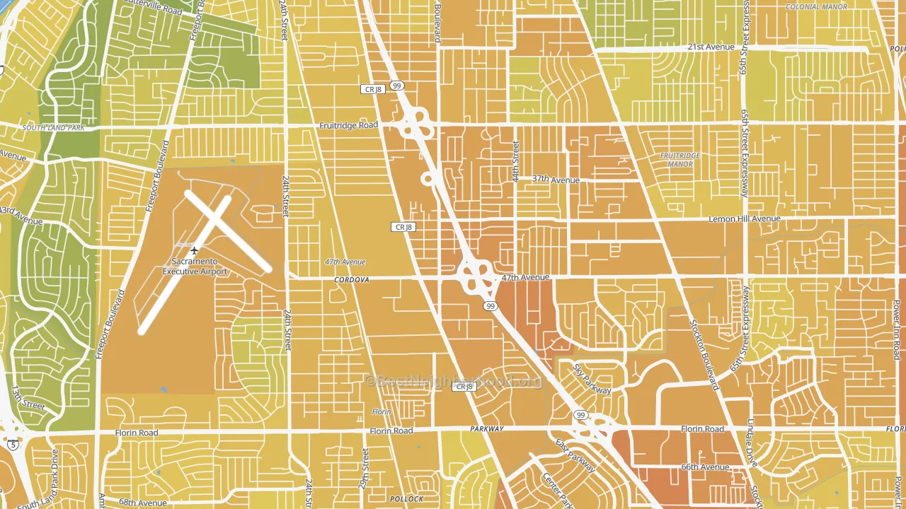 Map of the best neighborhoods in the South City Farms, Sacramento area, with better matches in green and worse matches in red