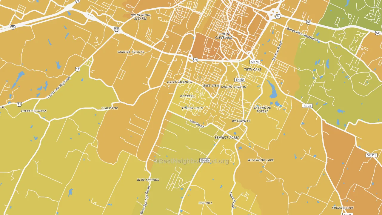 Map of the best neighborhoods in the South Cleveland area, with better matches in green and worse matches in red