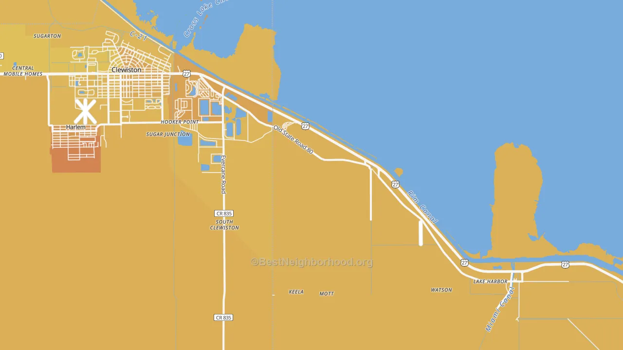 Map of the best neighborhoods in the South Clewiston area, with better matches in green and worse matches in red