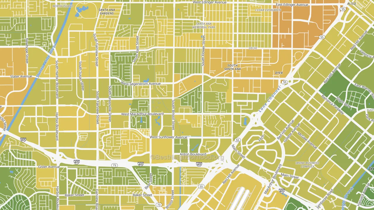 Map of the best neighborhoods in the South Coast, Santa Ana area, with better matches in green and worse matches in red