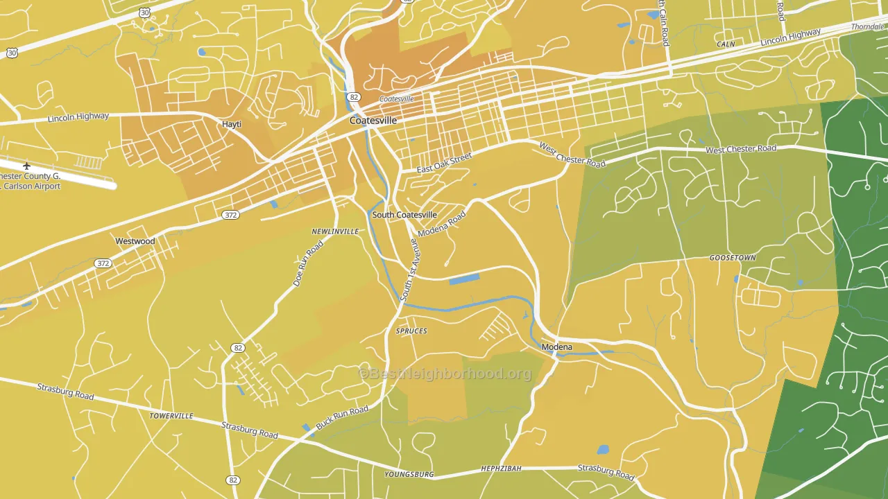 Map of the best neighborhoods in the South Coatesville area, with better matches in green and worse matches in red