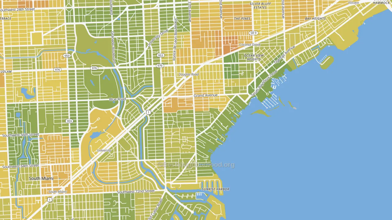 Map of the best neighborhoods in the South Coconut Grove, Miami area, with better matches in green and worse matches in red