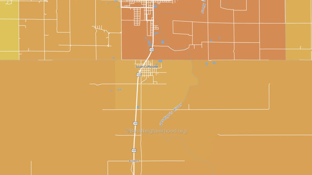 Map of the best neighborhoods in the South Coffeyville area, with better matches in green and worse matches in red
