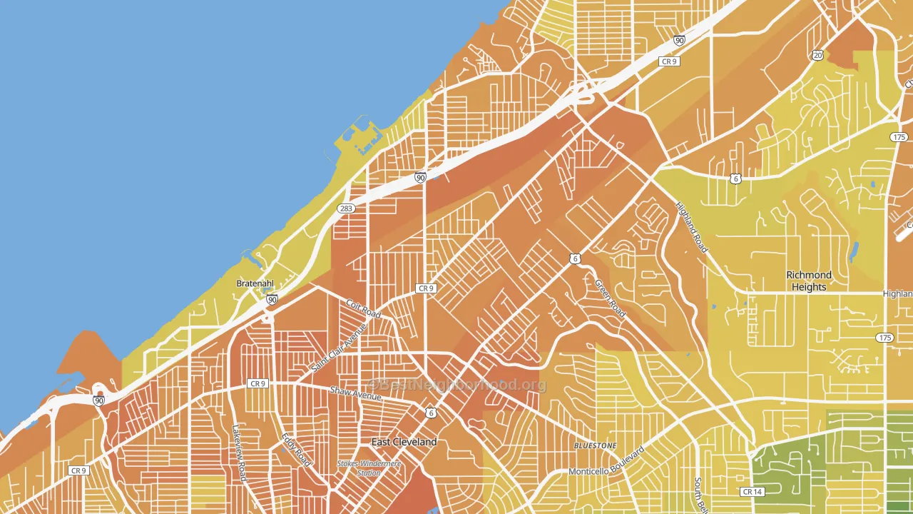 Map of the best neighborhoods in the South Collinwood, Cleveland area, with better matches in green and worse matches in red