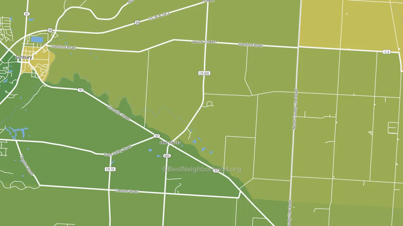 Map of the best neighborhoods in the South Condit area, with better matches in green and worse matches in red