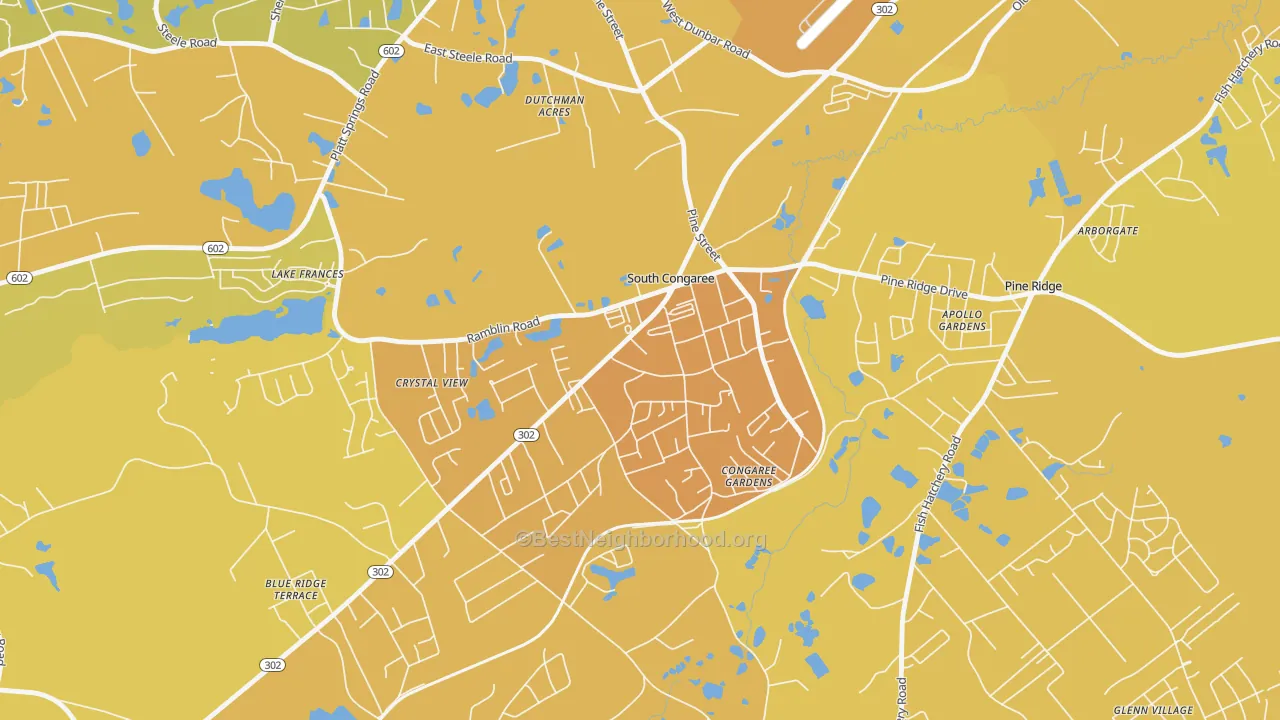 Map of the best neighborhoods in the South Congaree area, with better matches in green and worse matches in red