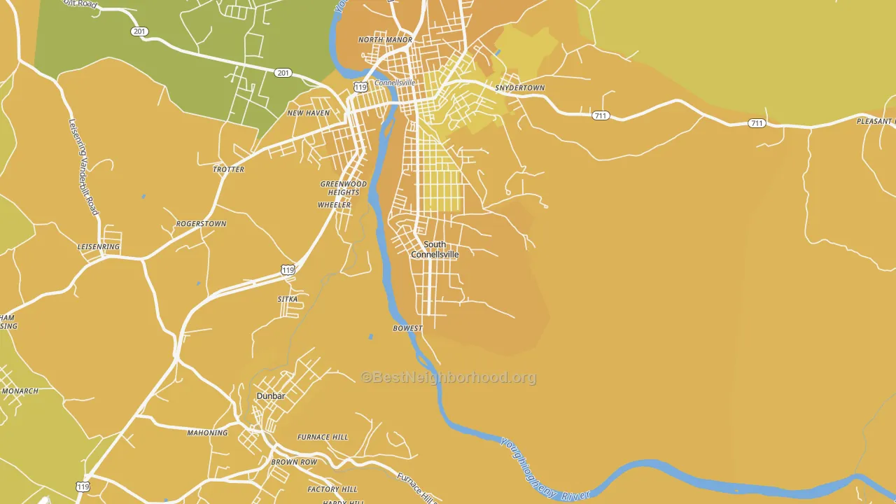 Map of the best neighborhoods in the South Connellsville area, with better matches in green and worse matches in red