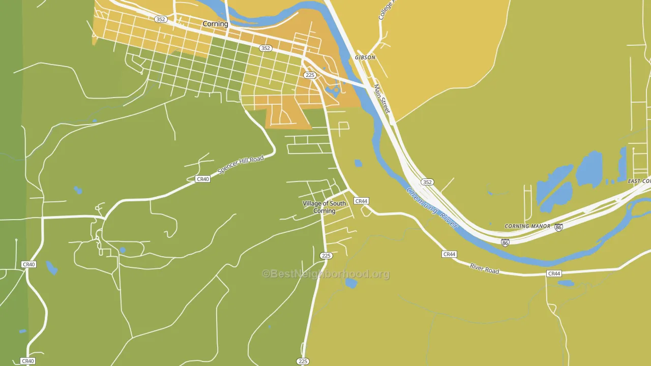 Map of the best neighborhoods in the South Corning area, with better matches in green and worse matches in red