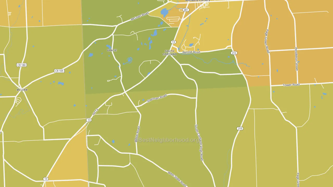 Map of the best neighborhoods in the South Cortland area, with better matches in green and worse matches in red