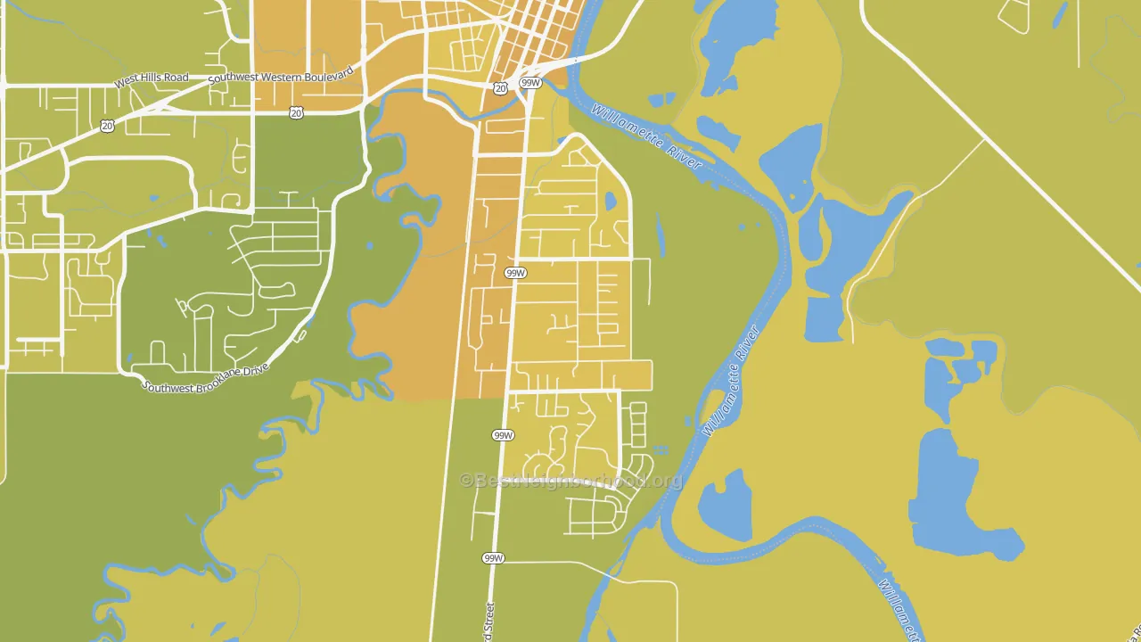 Map of the best neighborhoods in the South Corvallis Neighbors, Corvallis area, with better matches in green and worse matches in red
