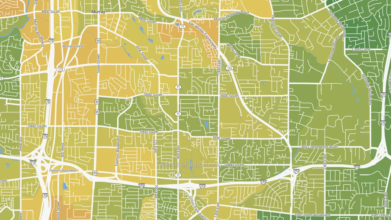 Map of the best neighborhoods in the South Cottonwood Acres, Murray area, with better matches in green and worse matches in red