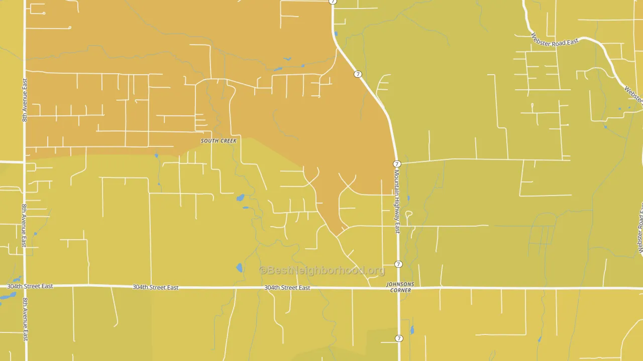 Map of the best neighborhoods in the South Creek area, with better matches in green and worse matches in red