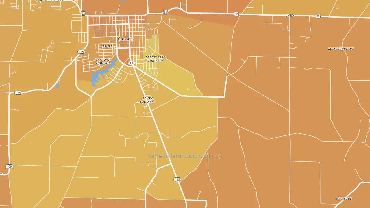 Map of the best neighborhoods in the South Crossett area, with better matches in green and worse matches in red