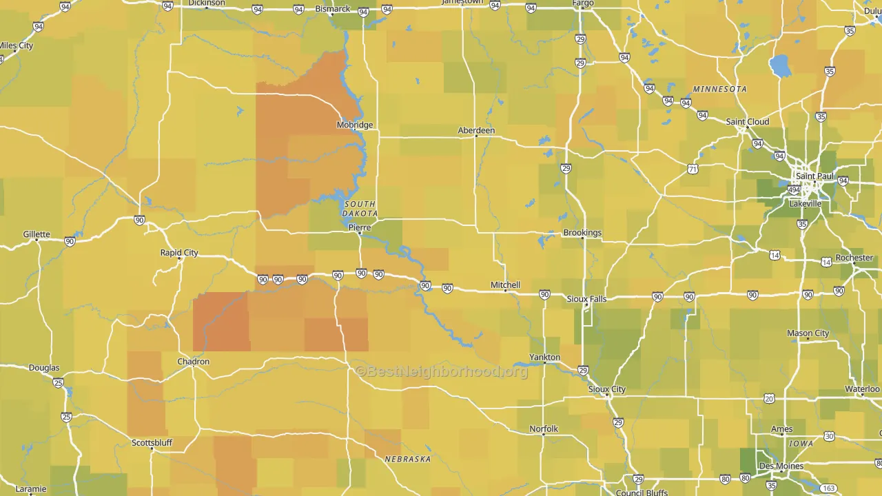 Map of the best neighborhoods in the South Dakota area, with better matches in green and worse matches in red