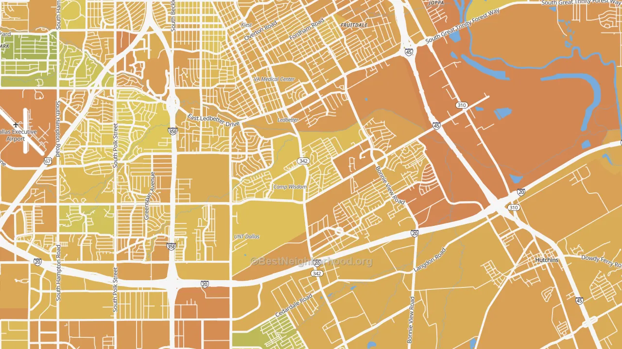 Map of the best neighborhoods in the South Dallas Fair Park, Dallas area, with better matches in green and worse matches in red