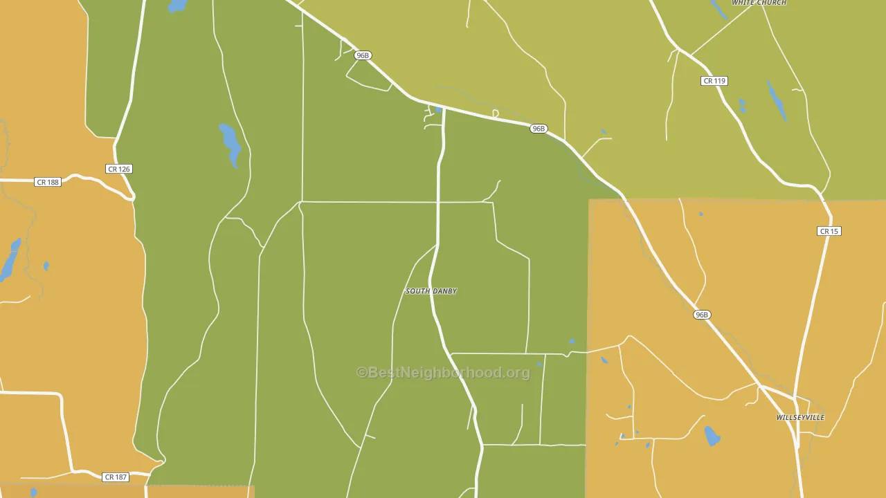 Map of the best neighborhoods in the South Danby area, with better matches in green and worse matches in red