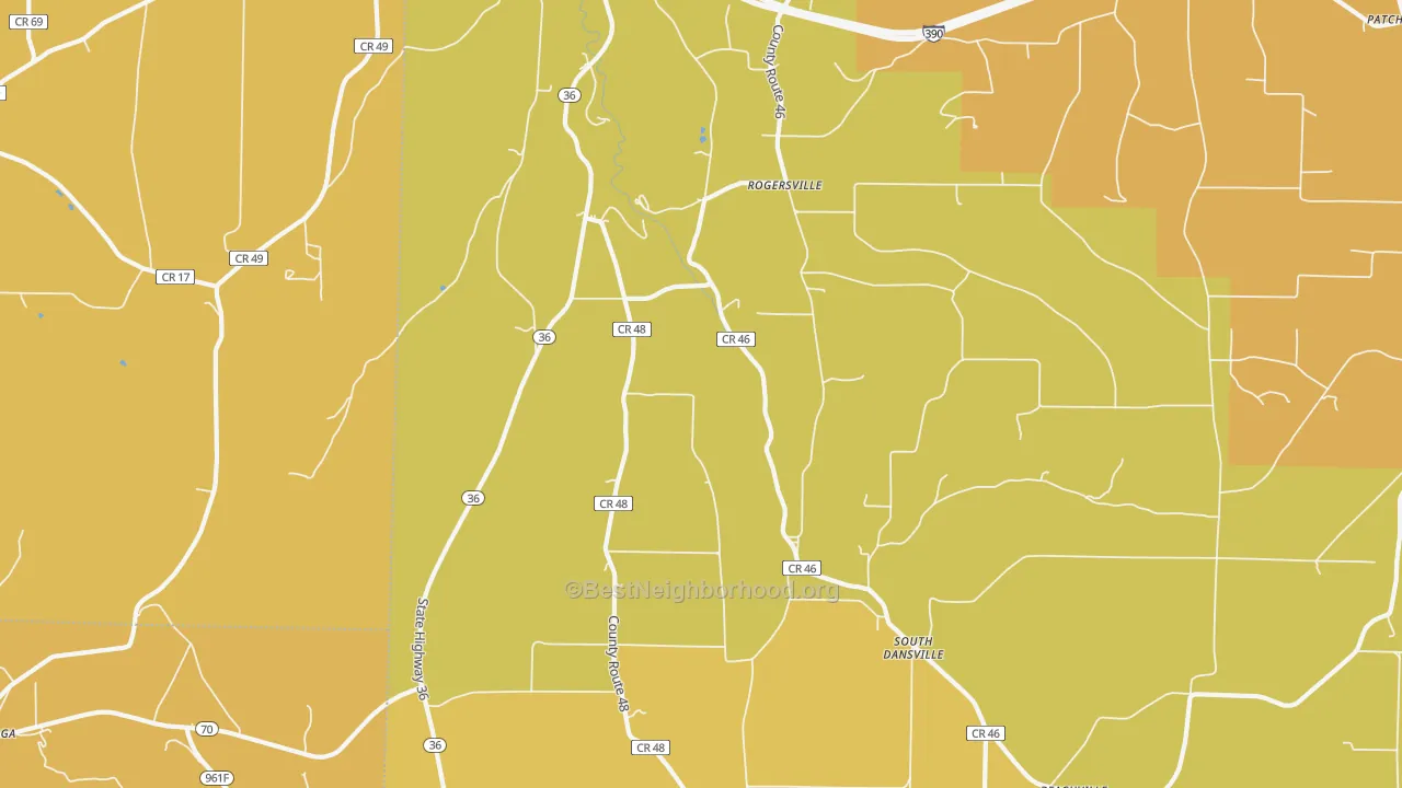 Map of the best neighborhoods in the South Dansville area, with better matches in green and worse matches in red
