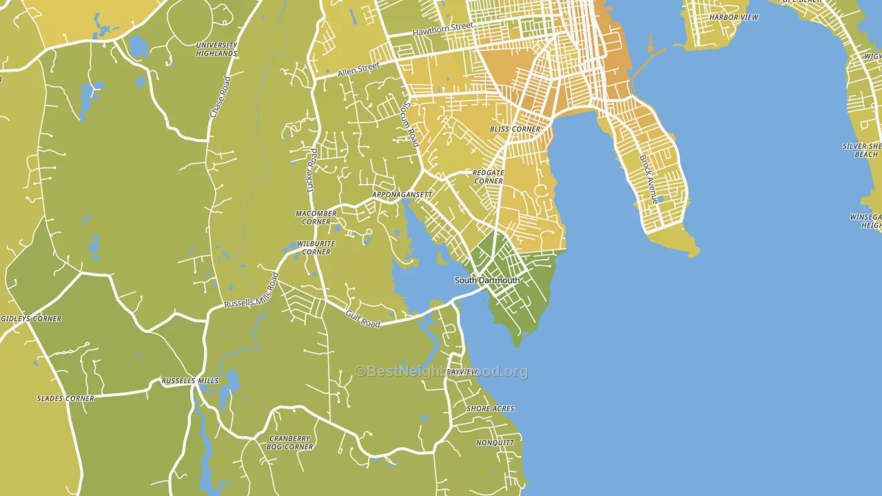 Map of the best neighborhoods in the South Dartmouth area, with better matches in green and worse matches in red