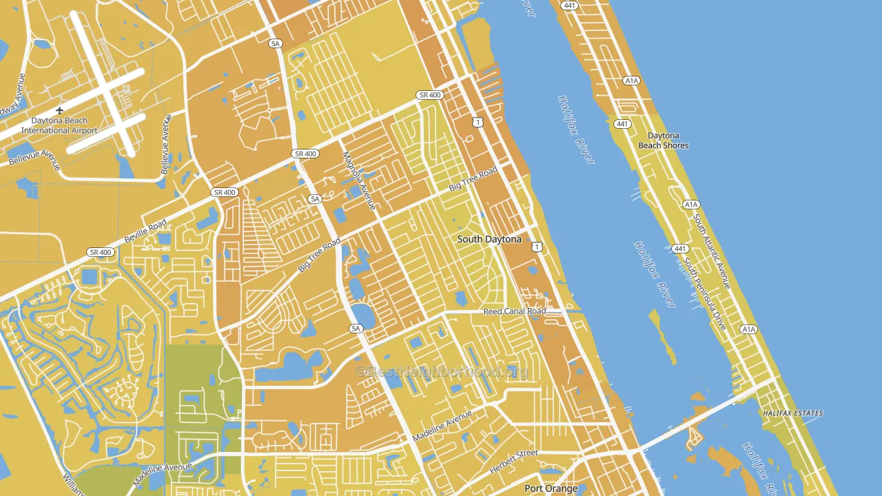 Map of the best neighborhoods in the South Daytona area, with better matches in green and worse matches in red