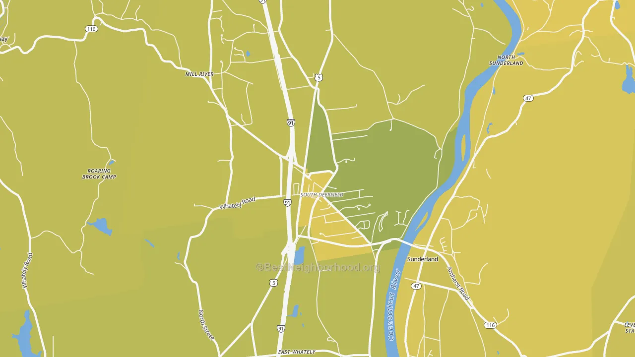 Map of the best neighborhoods in the South Deerfield area, with better matches in green and worse matches in red