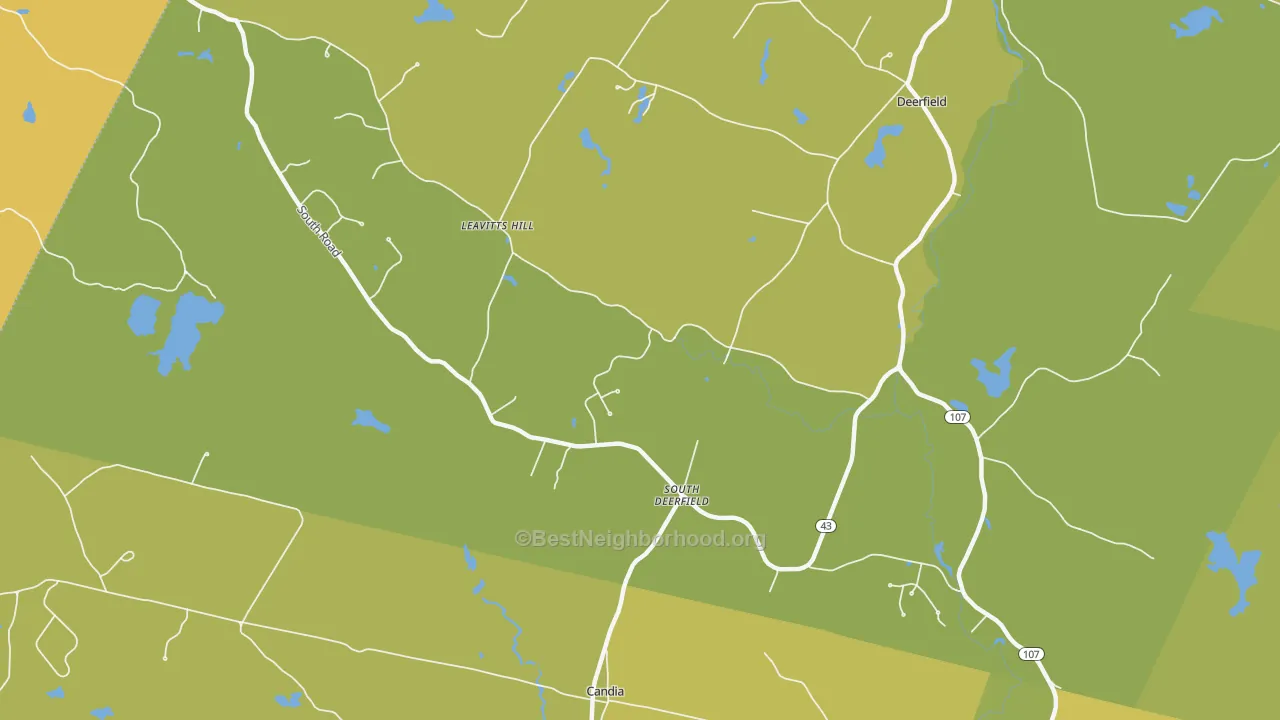 Map of the best neighborhoods in the South Deerfield area, with better matches in green and worse matches in red