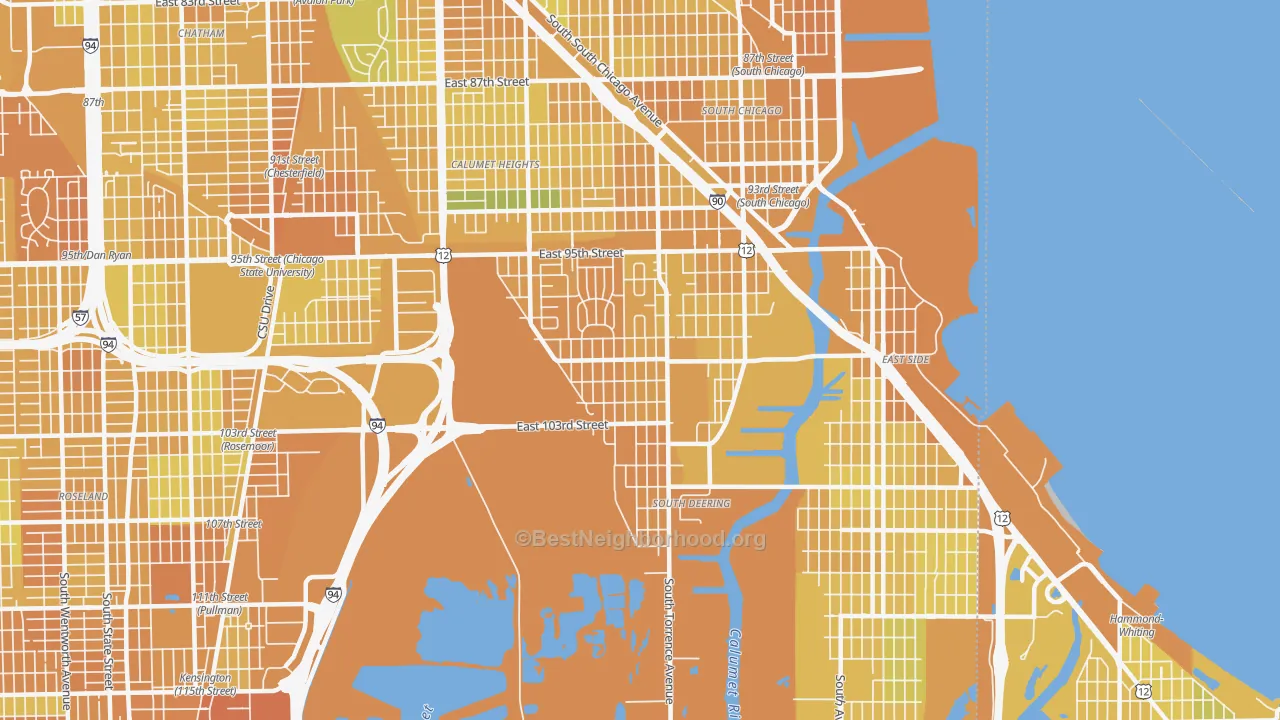 Map of the best neighborhoods in the South Deering, Chicago area, with better matches in green and worse matches in red