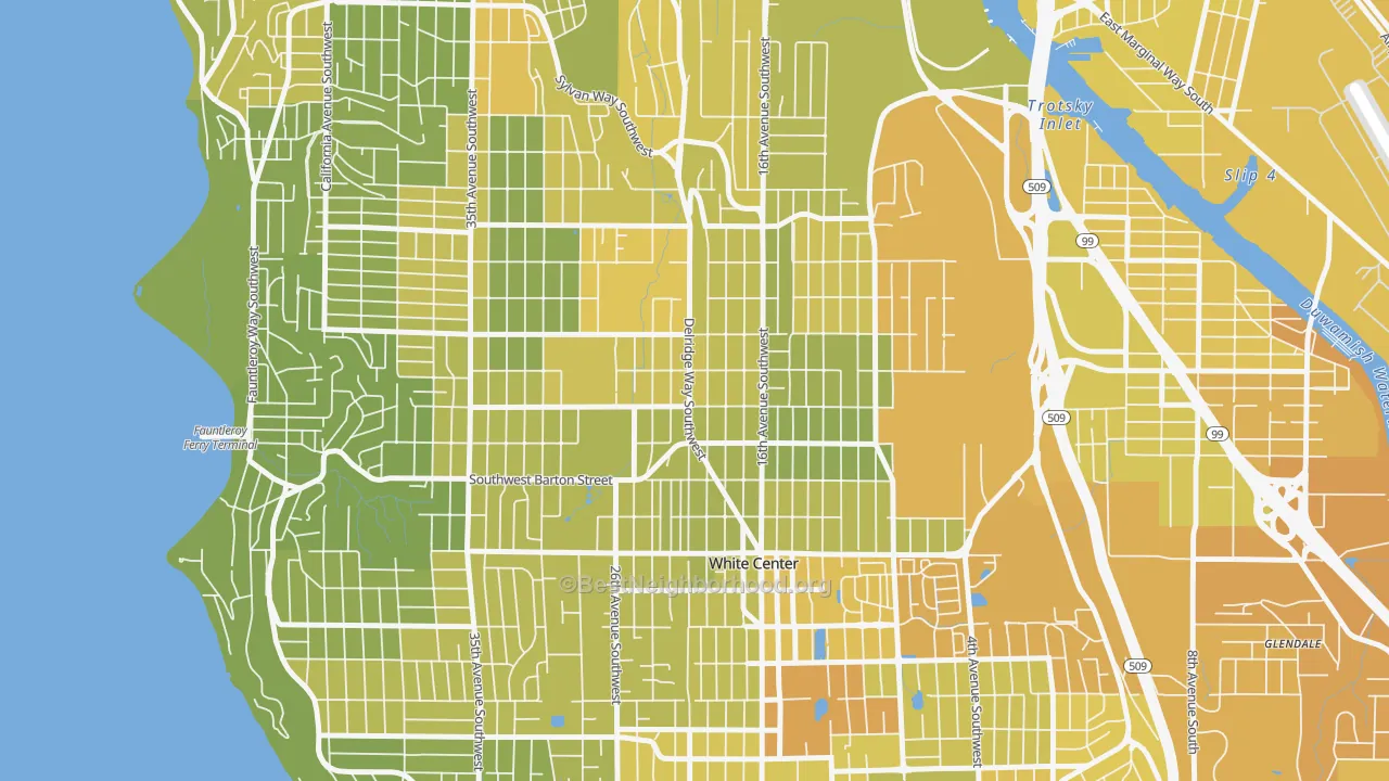 Map of the best neighborhoods in the South Delridge, Seattle area, with better matches in green and worse matches in red