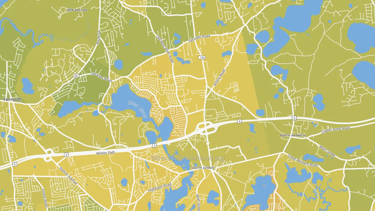 Map of the best neighborhoods in the South Dennis area, with better matches in green and worse matches in red