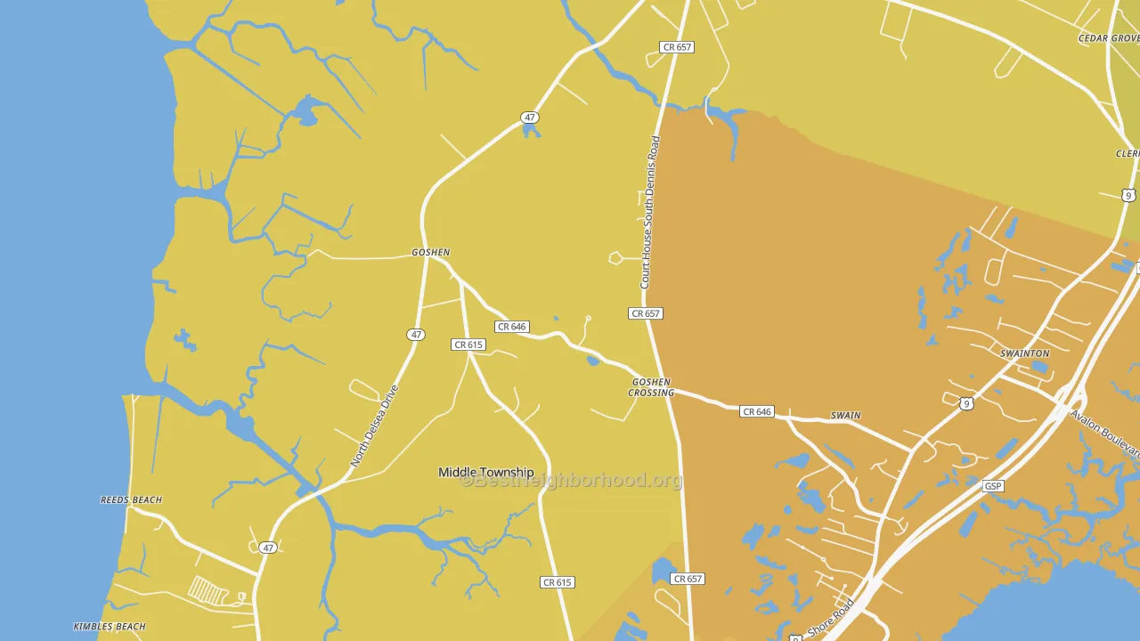 Map of the best neighborhoods in the South Dennis area, with better matches in green and worse matches in red