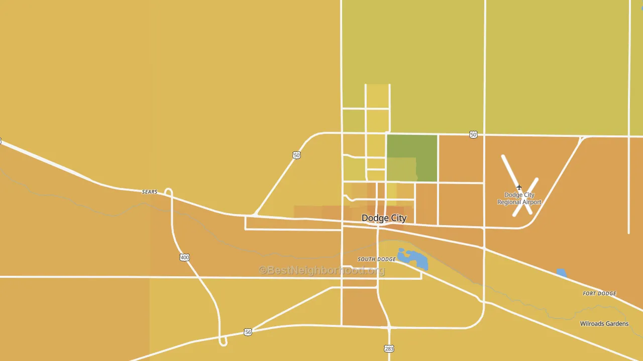 Map of the best neighborhoods in the South Dodge area, with better matches in green and worse matches in red