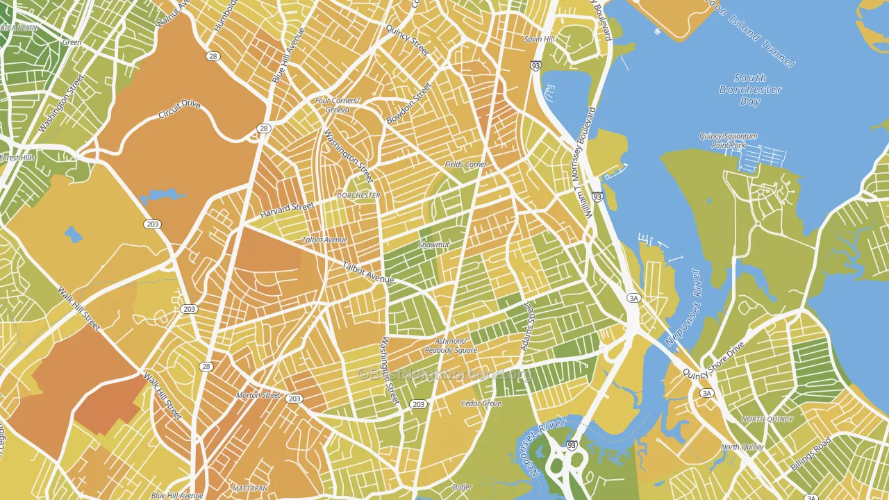Map of the best neighborhoods in the South Dorchester, Boston area, with better matches in green and worse matches in red