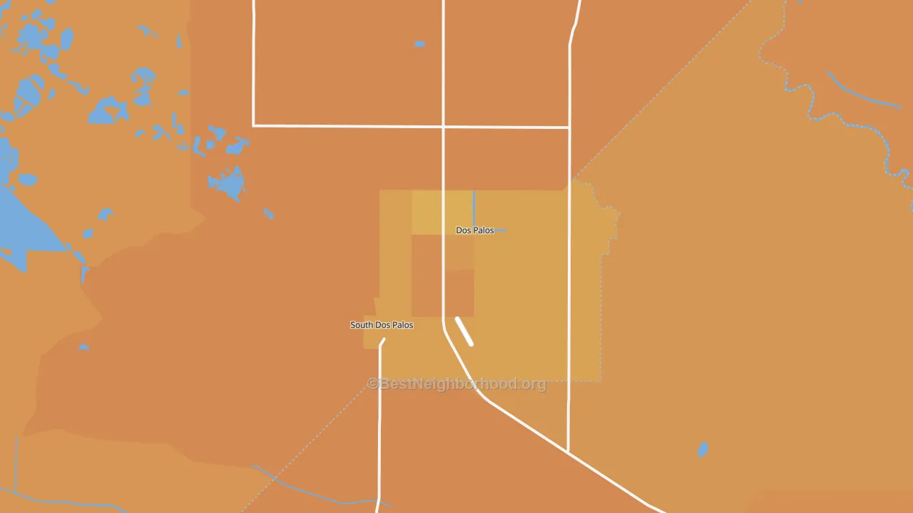 Map of the best neighborhoods in the South Dos Palos area, with better matches in green and worse matches in red