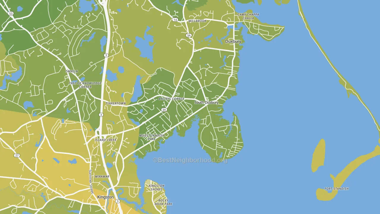 Map of the best neighborhoods in the South Duxbury, Duxbury area, with better matches in green and worse matches in red