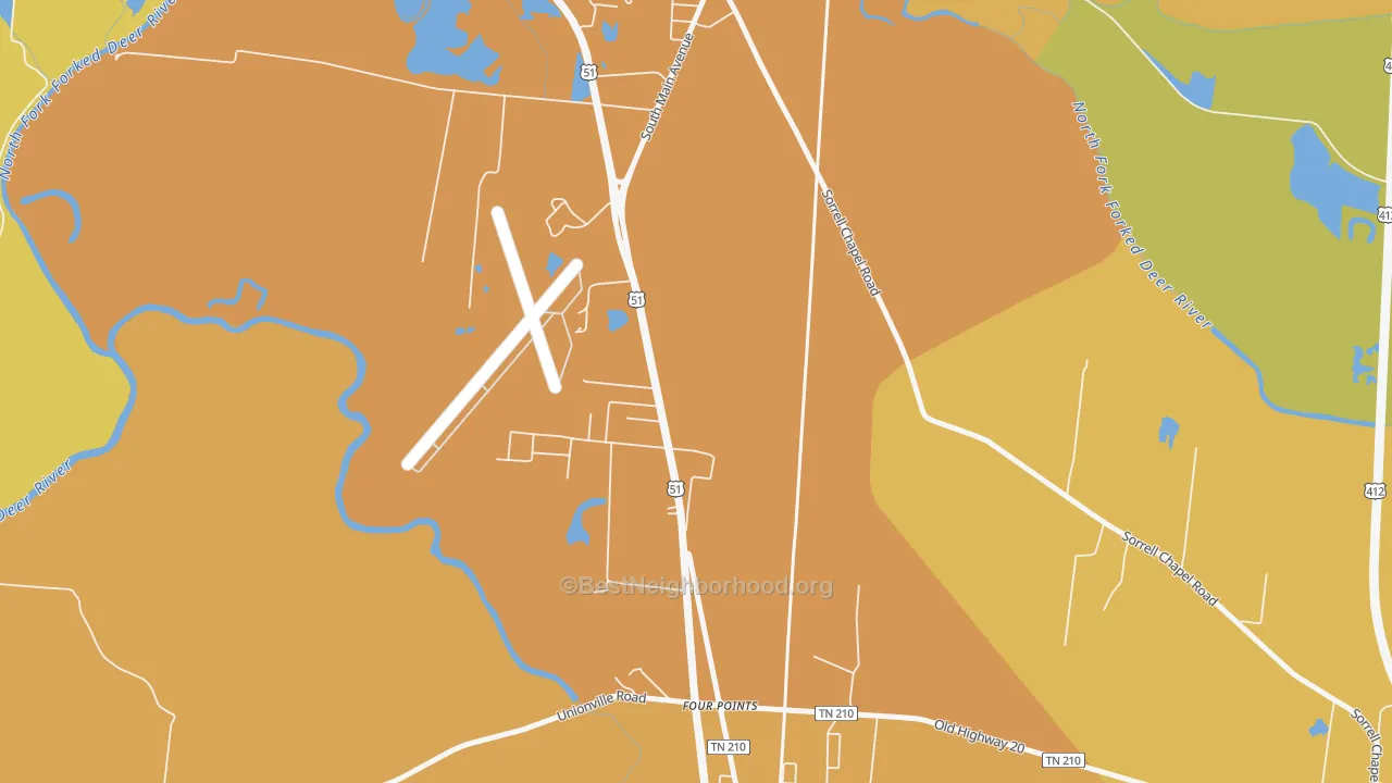 Map of the best neighborhoods in the South Dyersburg area, with better matches in green and worse matches in red