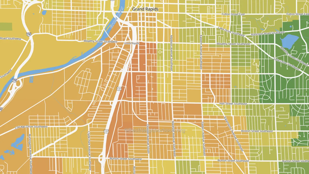 Map of the best neighborhoods in the South East Community, Grand Rapids area, with better matches in green and worse matches in red