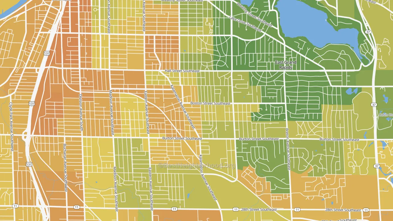Map of the best neighborhoods in the South East End, Grand Rapids area, with better matches in green and worse matches in red