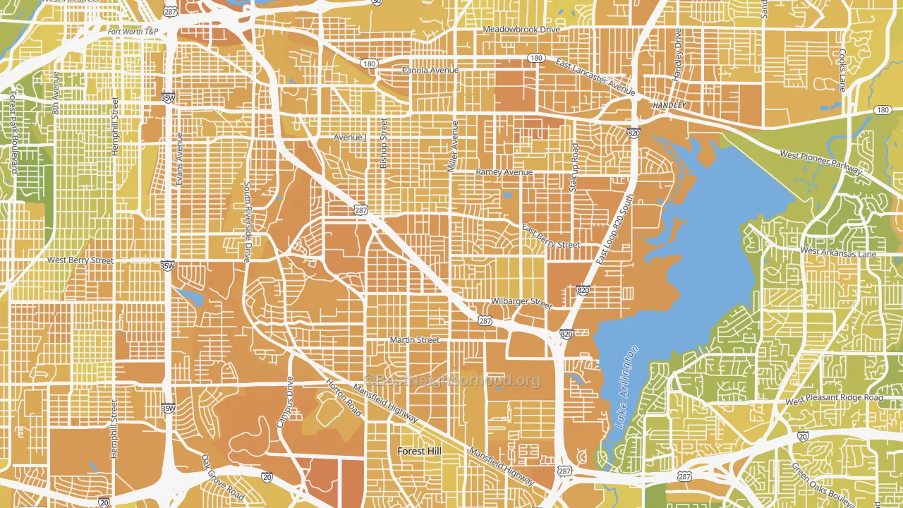 Map of the best neighborhoods in the South East, Fort Worth area, with better matches in green and worse matches in red