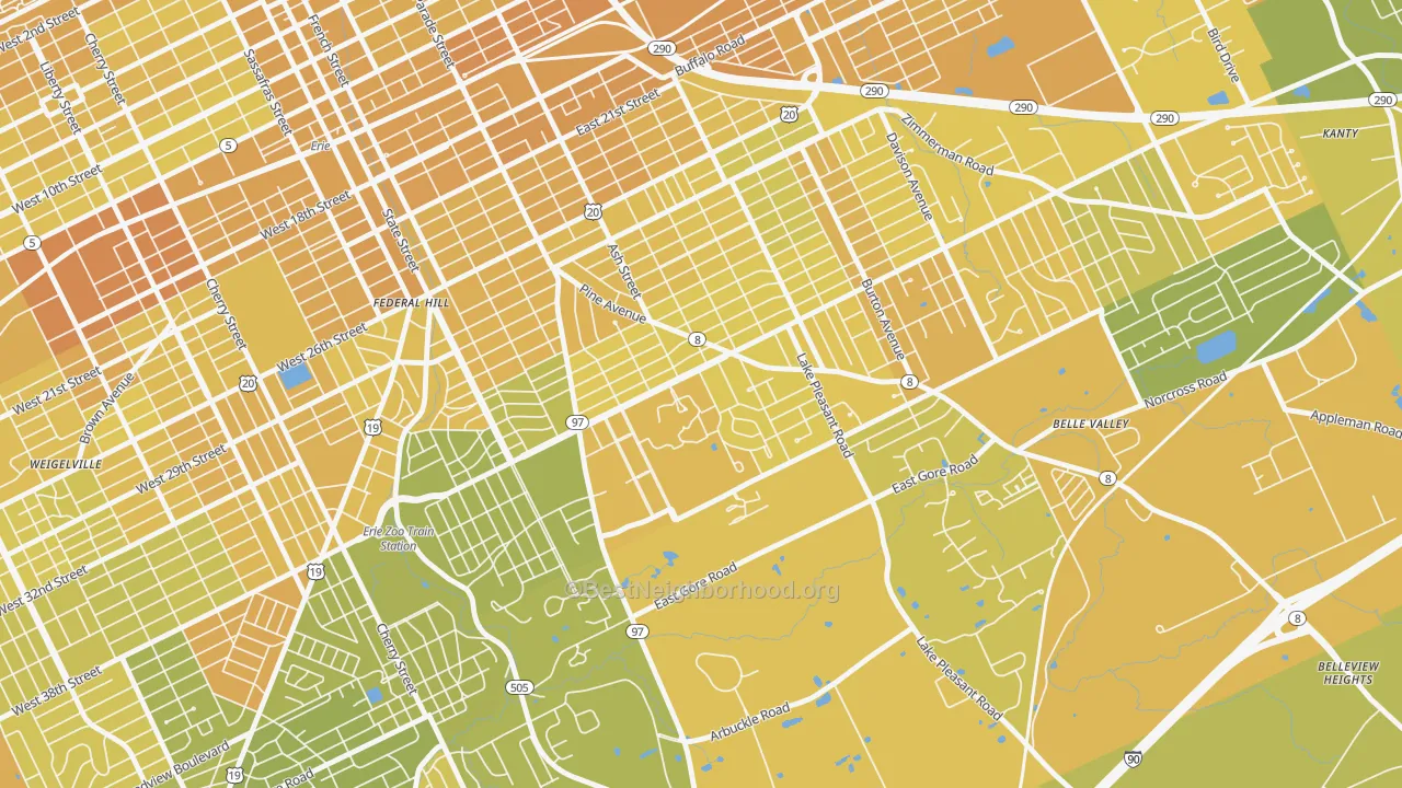 Map of the best neighborhoods in the South East Hills, Erie area, with better matches in green and worse matches in red