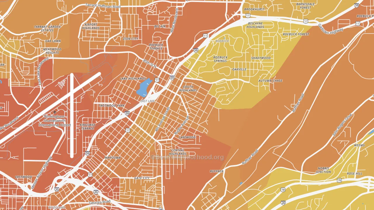 Map of the best neighborhoods in the South East Lake, Birmingham area, with better matches in green and worse matches in red