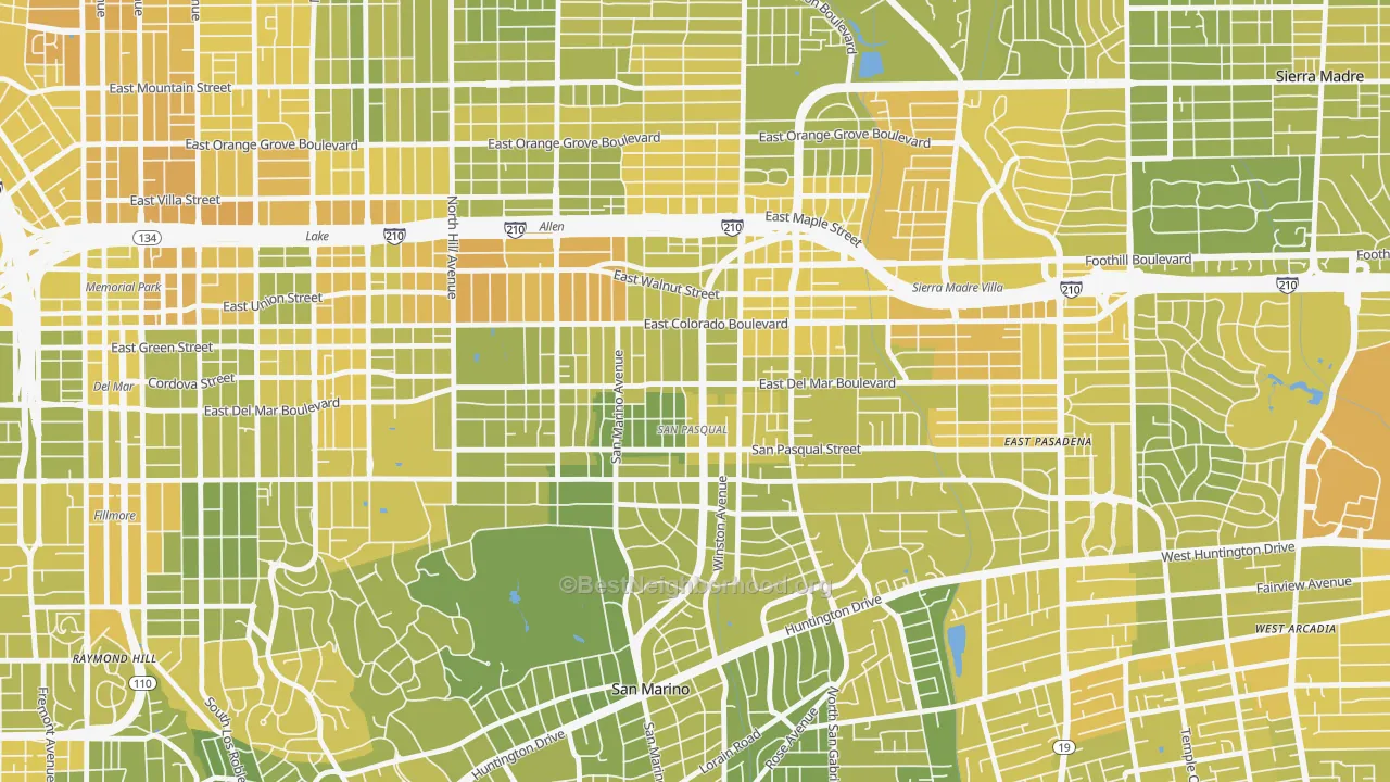 Map of the best neighborhoods in the South East, Pasadena area, with better matches in green and worse matches in red