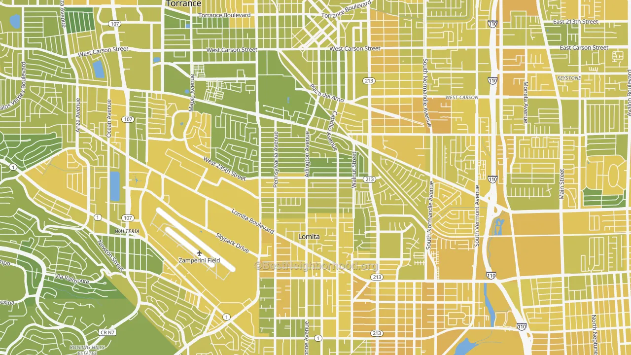 Map of the best neighborhoods in the South East Torrance, Torrance area, with better matches in green and worse matches in red