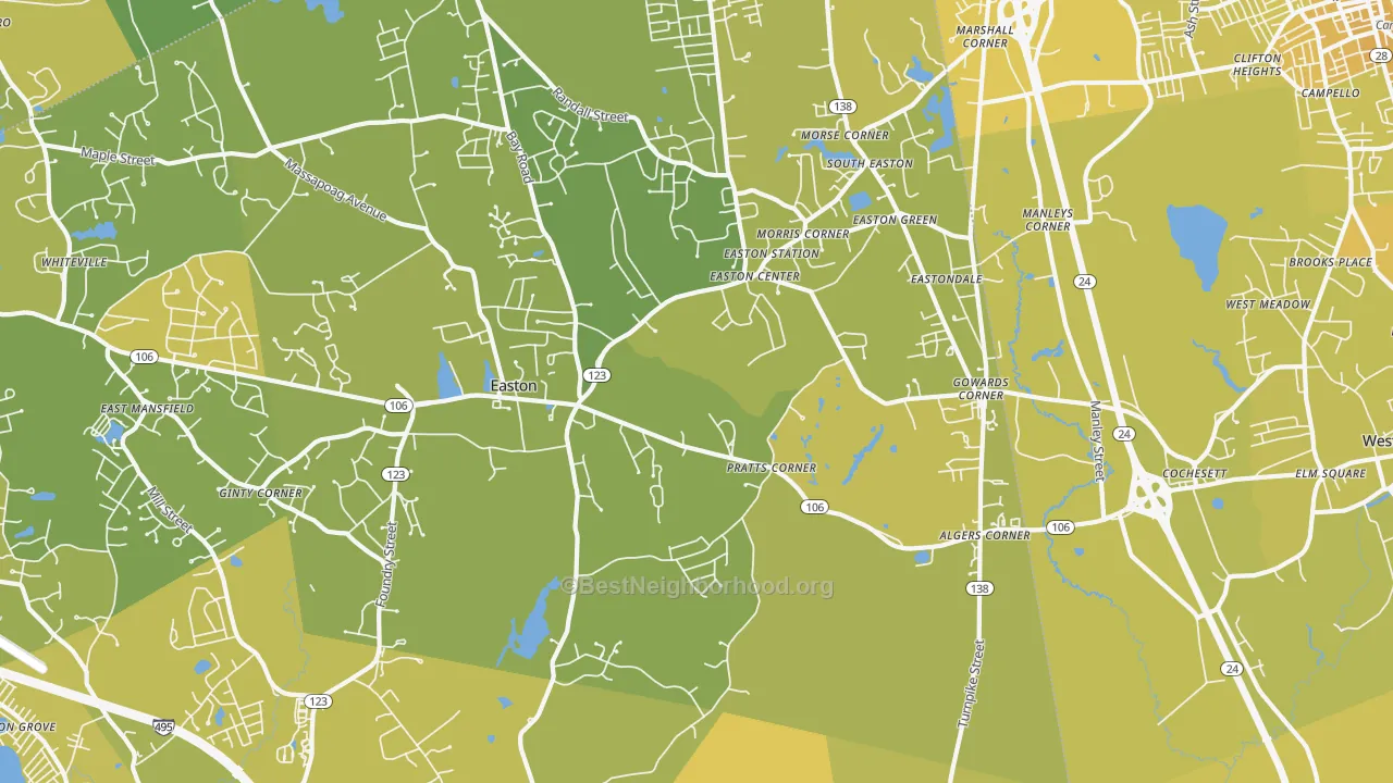Map of the best neighborhoods in the South Easton area, with better matches in green and worse matches in red