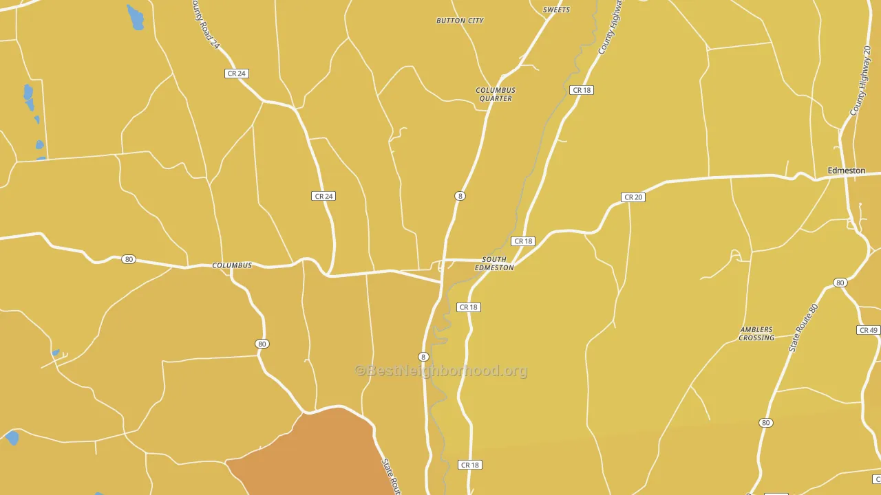 Map of the best neighborhoods in the South Edmeston area, with better matches in green and worse matches in red