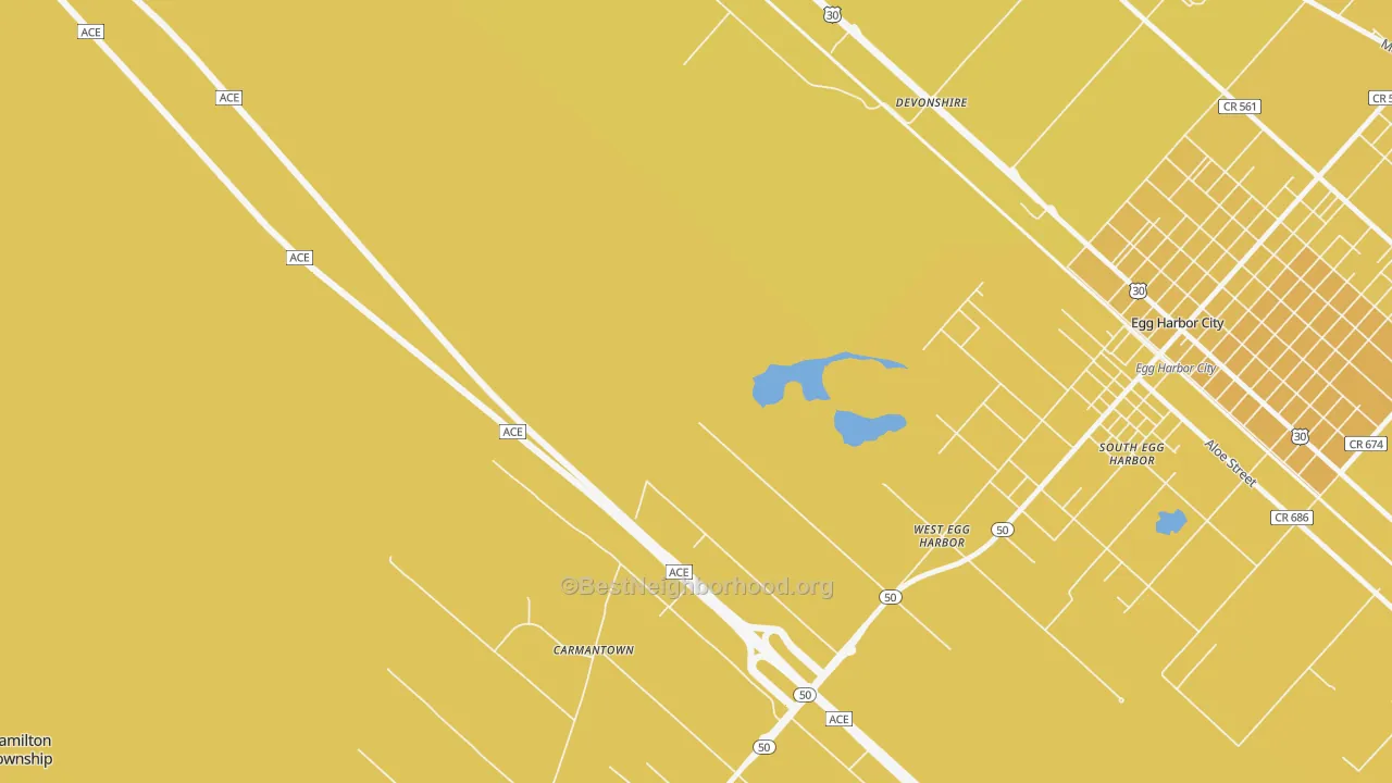 Map of the best neighborhoods in the South Egg Harbor area, with better matches in green and worse matches in red