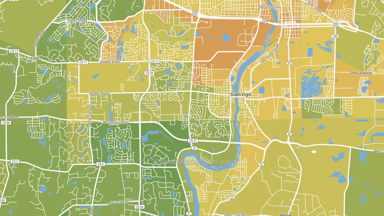 Map of the best neighborhoods in the South Elgin area, with better matches in green and worse matches in red