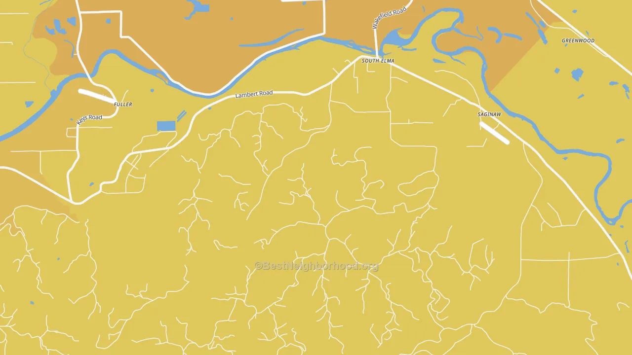 Map of the best neighborhoods in the South Elma area, with better matches in green and worse matches in red